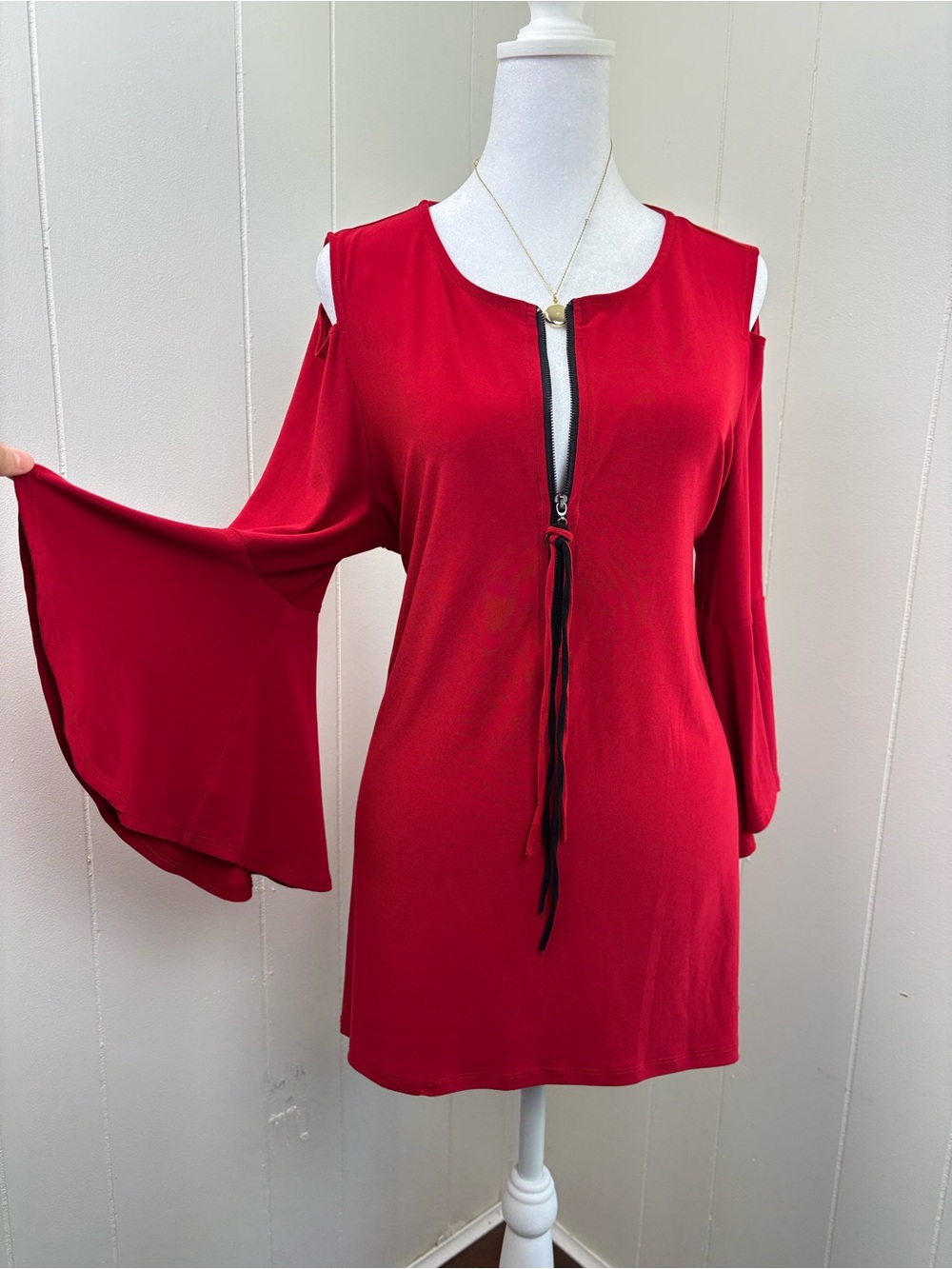 Red Cold-Shoulder Tie-Front Bell-Sleeve Dress